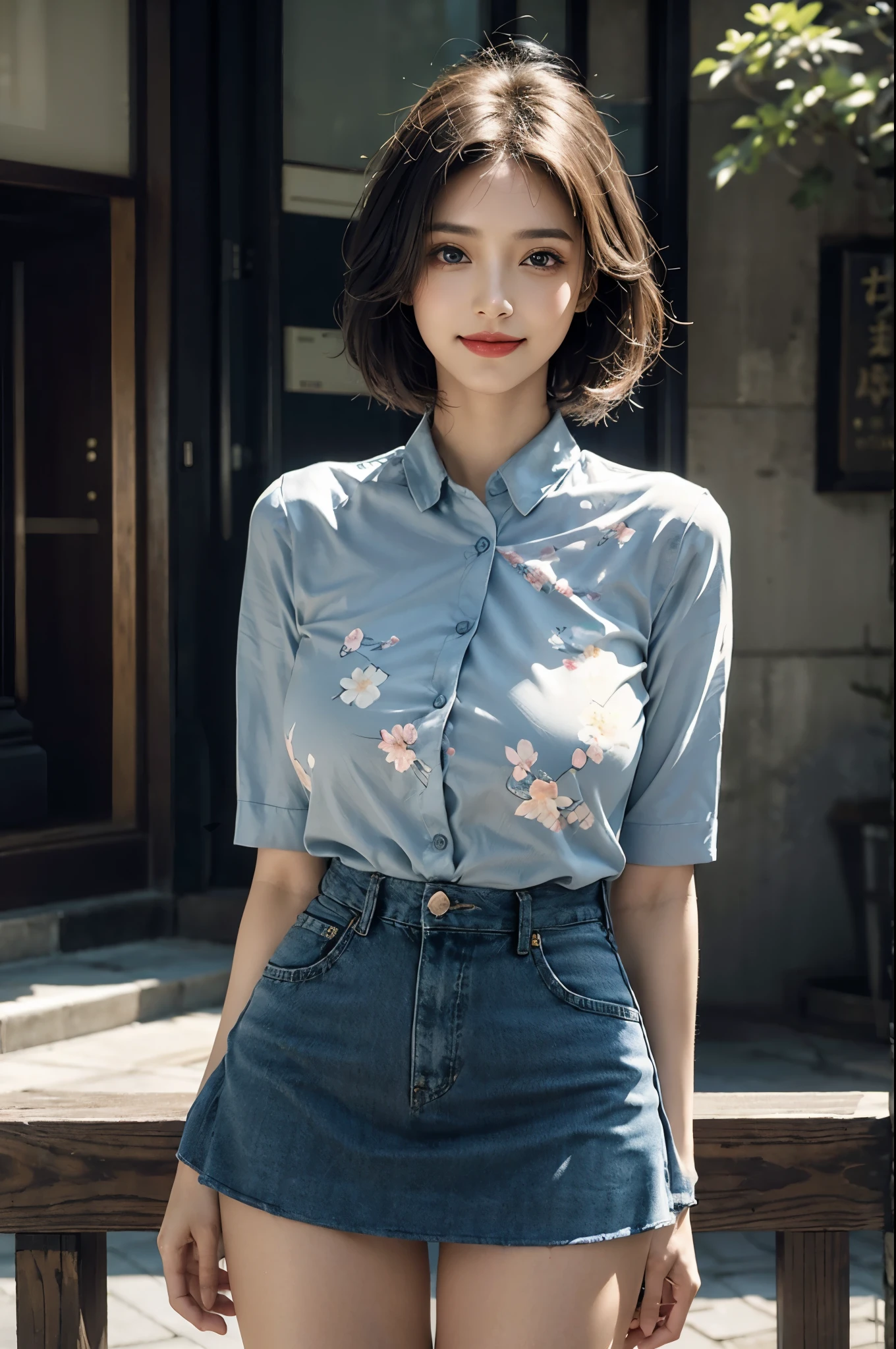 (1 female), ultimate beauty mature, Super detailed的脸, delicate eyes, double eyelids, Detailed lips, black hair short hair, (light blue floral shirt), (Black skinny miniskirt), (big breasts), Smile, thighs thighs thighs thighs, permanent, ((cowboy shooting)), depth of field, perfect thing, (Realism:1.4), (Super detailed), (top quality), (best shade), (Masterpiece), ultra high resolution, background with: (tokyo prefecture)