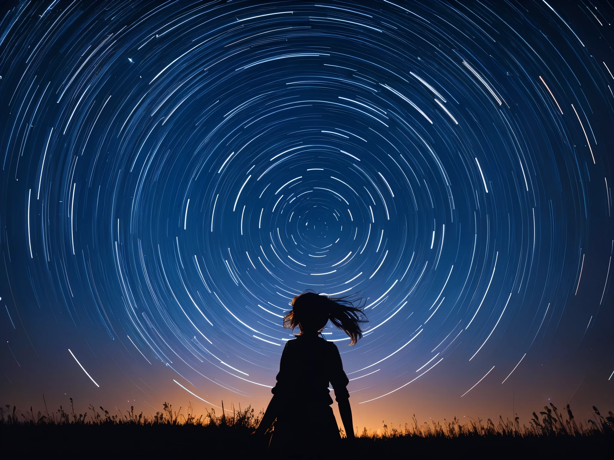 Rotating starry sky, shooting stars, girl looking up at the sky, North Star, star trails with 1 hour exposure