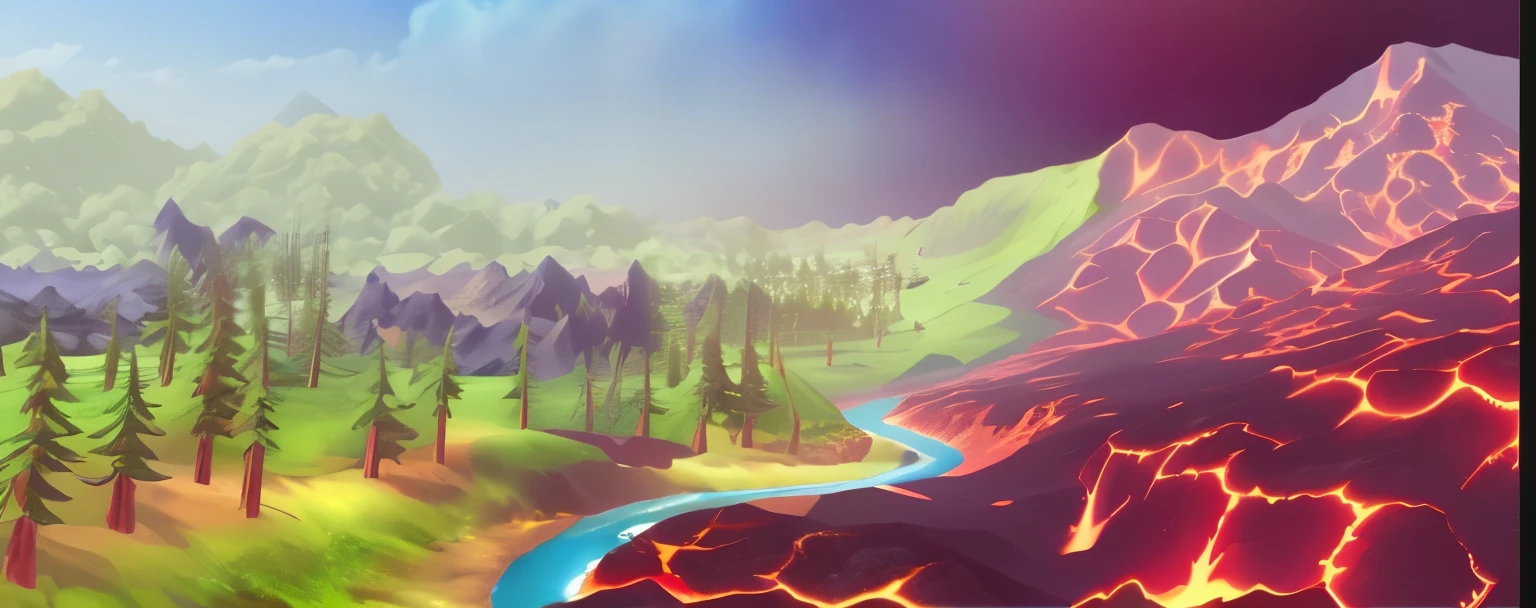 Green forest and river on the left，On the right is the lava field，Molten sputtering out，high quality, 4K, super actual, actual, Super details