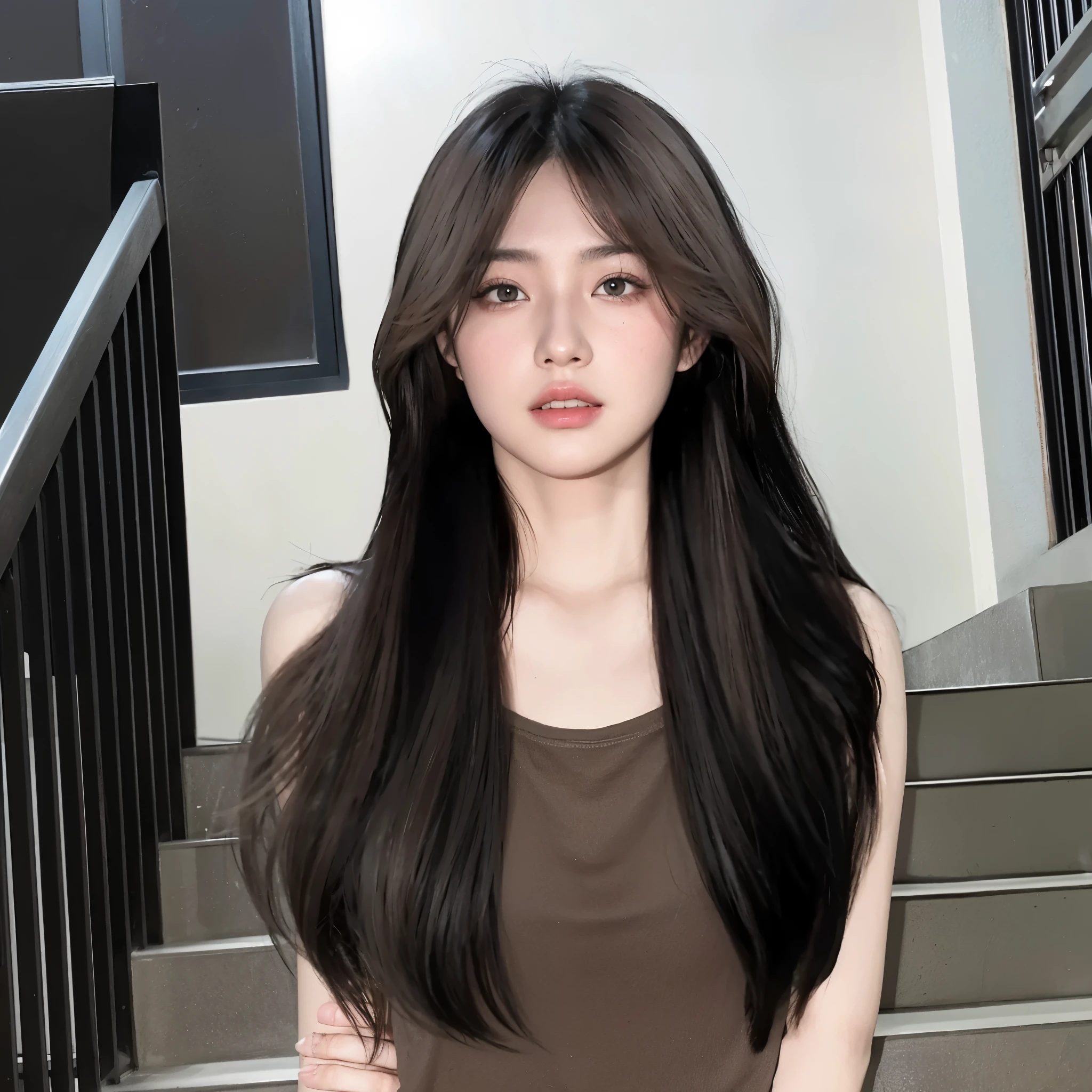 there is a woman long hair standing on a set of stairs, lifelike动漫3D风格, 现实主义Art style, lifelike!!!!!!! Art style, guweiz style artwork, lifelike动漫Art style, long hair, Blackpink Josie's Portrait, 现实主义Art style, in the Art style of bowater, lifelike画面, realistic anime Art style,Hair all the same color