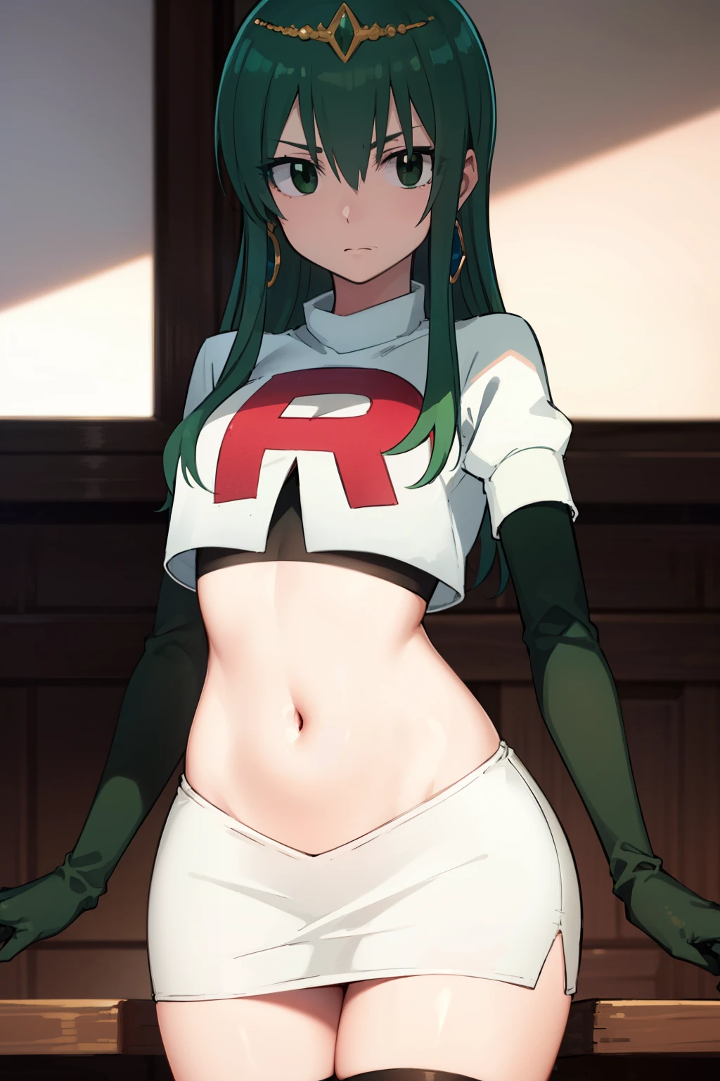 hisui, hisui, long hair, (green eyes:1.5), green hair, hair between eyes,
BREAK jewelry, earrings, tiara, crown, team rocket,team rocket uniform,white skirt,red letter R,crop top,black thigh-highs,black elbow gloves
BREAK looking at viewer, (cowboy shot:1.5),
BREAK (masterpiece:1.2), best quality, high resolution, unity 8k wallpaper, (illustration:0.8), (beautiful detailed eyes:1.6), extremely detailed face, perfect lighting, extremely detailed CG, (perfect hands, perfect anatomy),