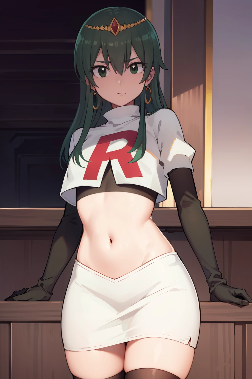 hisui, hisui, long hair, (green eyes:1.5), green hair, hair between eyes,
BREAK jewelry, earrings, tiara, crown, team rocket,team rocket uniform,white skirt,red letter R,crop top,black thigh-highs,black elbow gloves
BREAK looking at viewer, (cowboy shot:1.5),
BREAK (masterpiece:1.2), best quality, high resolution, unity 8k wallpaper, (illustration:0.8), (beautiful detailed eyes:1.6), extremely detailed face, perfect lighting, extremely detailed CG, (perfect hands, perfect anatomy),