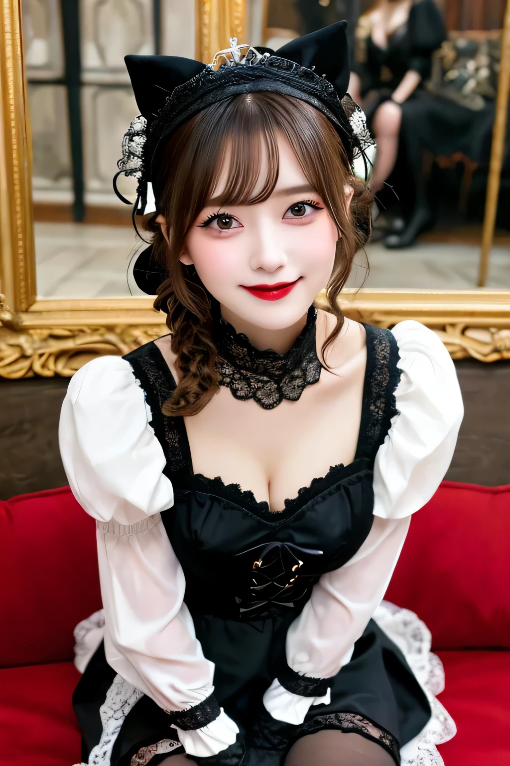 (8K、RAW photo、highest quality、masterpiece:1.2)、detailed background、beautiful and detailed face、beautiful and smooth skin、skin texture、professional lighting、Beautiful teenage girl、sexual expression、Cute Ponytail、(big breasts:1.3)、smile、laughter、

Choice of dress or skirt、Gothic Lolita styleで、Mainly dresses and skirts decorated with frills and lace。black or purple、Choose a dark color such as red、Emphasizes the gothic atmosphere。

lace and ruffle accents、For dresses and skirts、Lace and frills are often used。sleeve or skirt hem、By adding lace to the neckline etc..、You can combine cuteness and gothic elements.。

A selection of classic accessories、Gothic Lolita styleで、Classic accessories are key。for example、lace gloves and ribbon、crown-shaped headdress、If you incorporate cross accessories etc..、You can further enhance the gothic atmosphere.。

Selection of socks and tights、Gothic Lolita styleで、Socks and tights are also important items..。To create a contrast with a skirt or dress、It is best to choose black lace socks or fishnet stockings..。

Shoe selection、Gothic Lolita style、bootsやメリーゴーランドシューズとの相性も抜群です。boots、Items decorated with lace, ribbons, etc.、If you choose a thick sole、Can give a more gothic impression。

Makeup and hairstyle、Gothic Lolita style makeup、It is common to wear dark eyeliner and lipstick on fair skin..。As for the hairstyle、I like soft curls or buns.。
