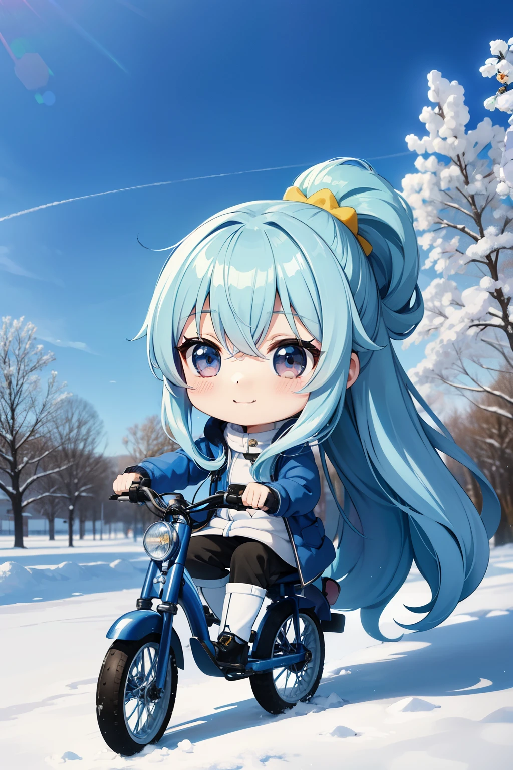 Chibichara blue sky Inside the park covered in snow He is wearing a yellow dungeon coat and riding a tricycle. long hair with blue hair((chibi character))、black eye cute smile、fluffy、with a girl、chibi character、Full body Esbian、Pastel colors hair、highest quality、