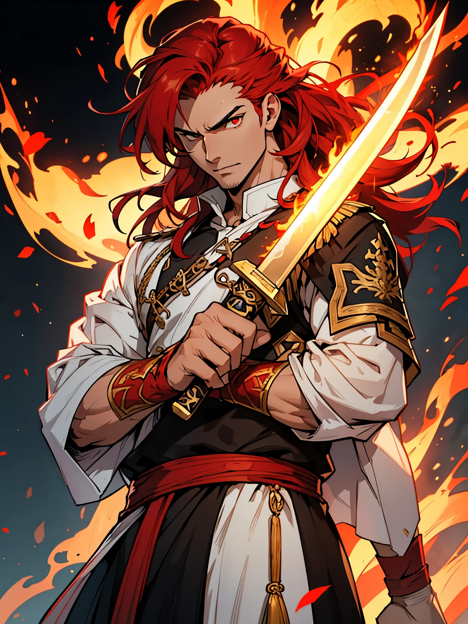 A unique character, with hero characteristics, tall young man, Greek clothing, aesthetic muscles, long red hair, defiant expression, golden eyes, commanding respect, animated, stylized, detailed, high quality, with flames around him, a sword in his hand, showing his chest, war background