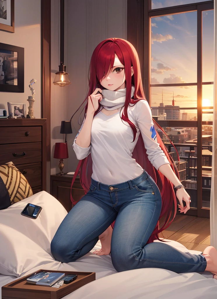 ((best quality)), ((highly detailed)), masterpiece, absurdres, (detailed eyes, deep eyes), (1girl), full body, erza_scarlet, scarlet hair, (very long hair), (brown eyes), tattoo, hair over one eye, scarf, (in an appartment, morning, sunrise) white shirt, blue jeans 