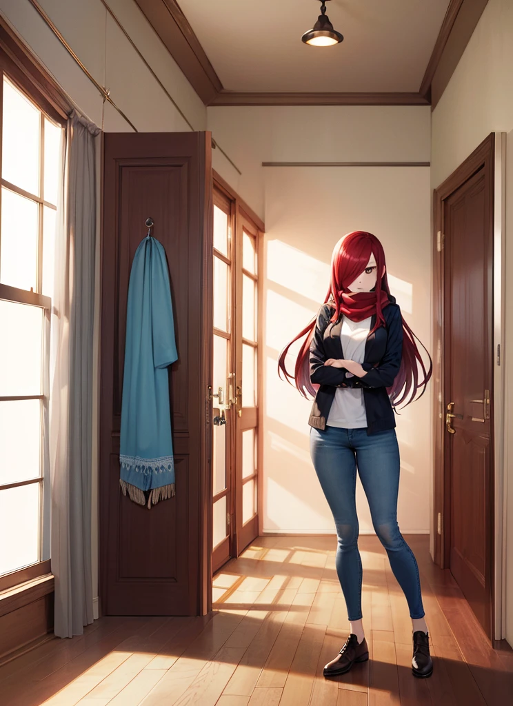 ((best quality)), ((highly detailed)), masterpiece, absurdres, (detailed eyes, deep eyes), (1girl), full body, erza_scarlet, scarlet hair, (very long hair), (brown eyes), tattoo, hair over one eye, scarf, (in an appartment, morning, sunrise) white shirt, blue jeans 