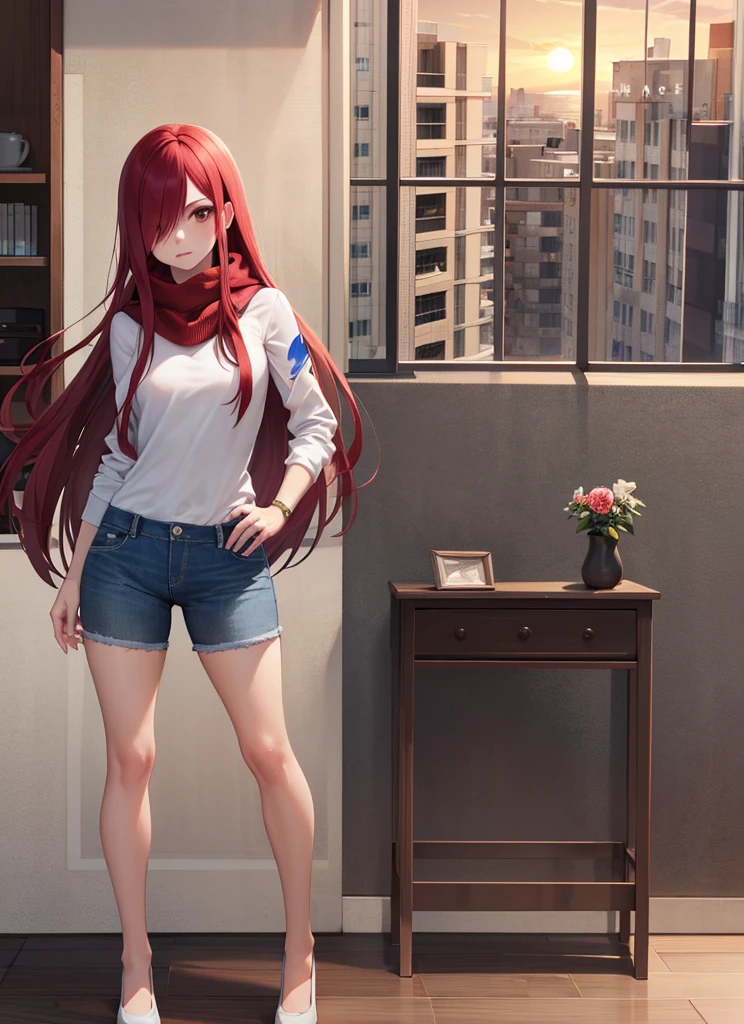 ((best quality)), ((highly detailed)), masterpiece, absurdres, (detailed eyes, deep eyes), (1girl), full body, erza_scarlet, scarlet hair, (very long hair), (brown eyes), tattoo, hair over one eye, scarf, (in an appartment, morning, sunrise) white shirt, blue jeans 