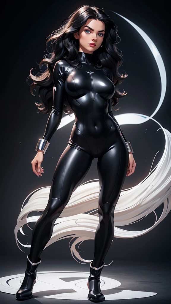 Woman, white skin, black hair, wavy hair, long hair, hair parted in the middle, athletic body, black bodysuit, blue eyes, star bodysuit, reflective bodysuit, stomach-length neckline, silver boots, silver bracelets, serious look, look at the camera, red lips, heroic pose, big breasts, athletic legs, frontal shot.