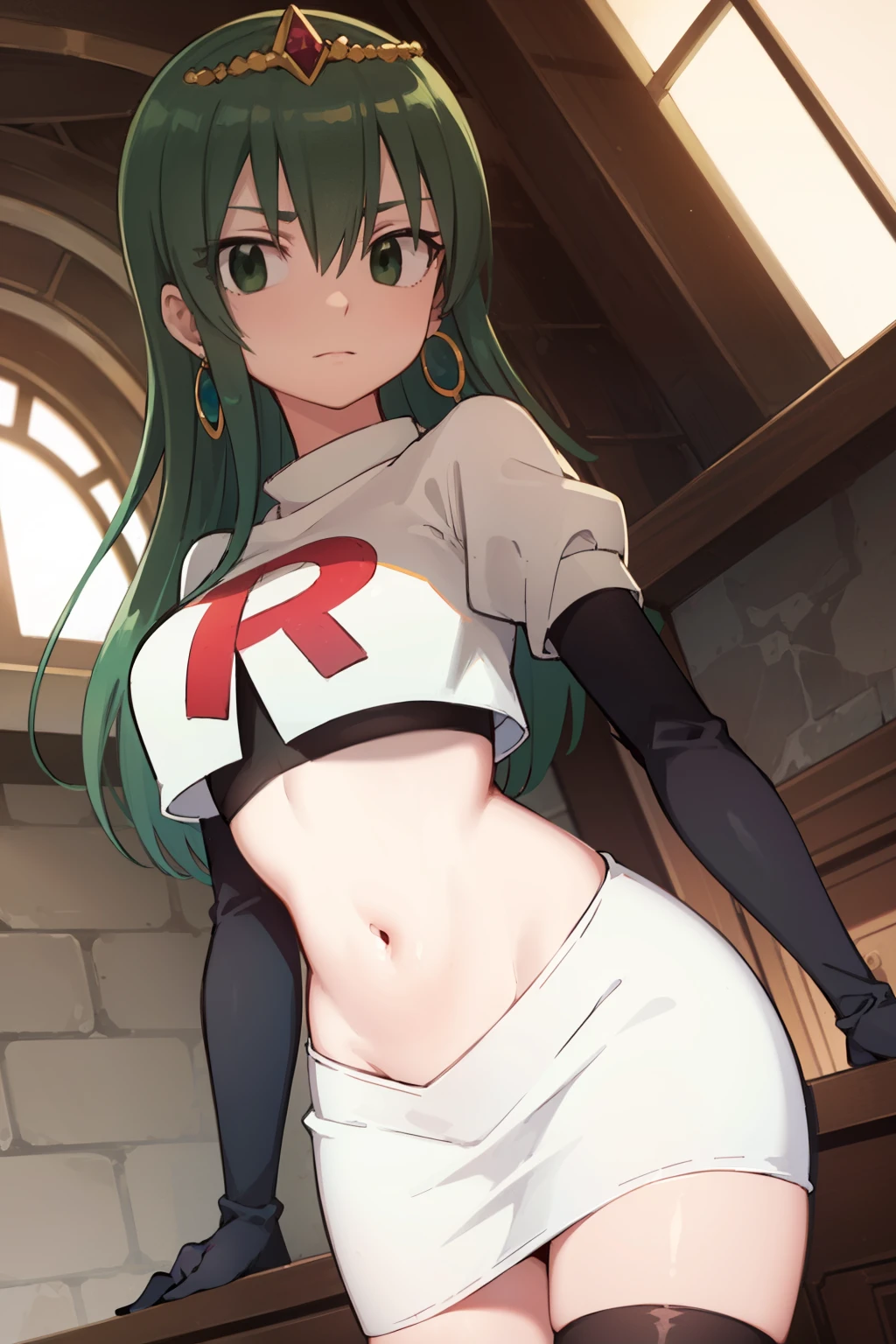 hisui, hisui, long hair, (green eyes:1.5), green hair, hair between eyes,
BREAK jewelry, earrings, tiara, crown, team rocket,team rocket uniform,white skirt,red letter R,crop top,black thigh-highs,black elbow gloves
BREAK looking at viewer, (cowboy shot:1.5),
BREAK (masterpiece:1.2), best quality, high resolution, unity 8k wallpaper, (illustration:0.8), (beautiful detailed eyes:1.6), extremely detailed face, perfect lighting, extremely detailed CG, (perfect hands, perfect anatomy),