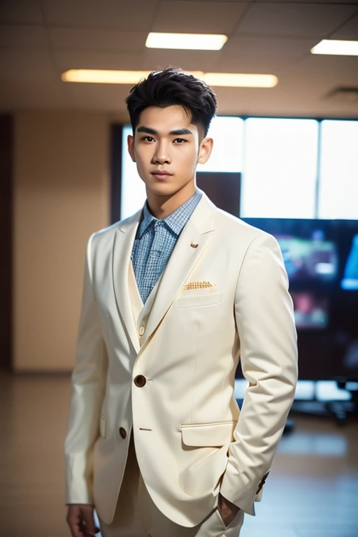 wide angle photography realistic, model Thai man, wearing a suit, standing in the office, shot by Nikon-z9, (50mm lens, f/1.4, ISO 100), RAW photo), (photorealistic), (masterpiece), (intricate detailed), (best quality), (professional photography), (realistic:1.5), (soft light), (defuse lighting:0.7), (ambient lighting:0.6), (rim lighting,:1.2), fine textures, (depth of field:1.2), (bokeh:1.2), (face focus), film overlay, film grain,