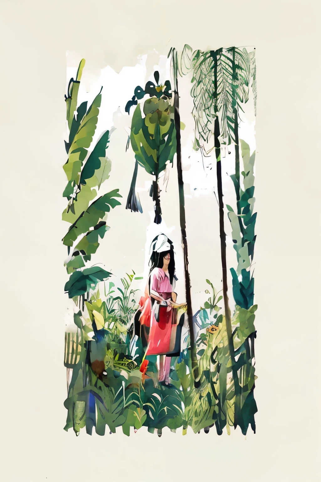 illustration of a woman carrying a basket of marijuana in a jungle, kerala woman, illustration”, in a tropical forest, a beautiful artwork illustration, in style of digital illustration, on a jungle forest, folkloric illustration, illustration!, official illustration, in a jungle, stylized digital illustration, tropical forest, masterpiece work of art, an illustration, an abstract tropical landscape