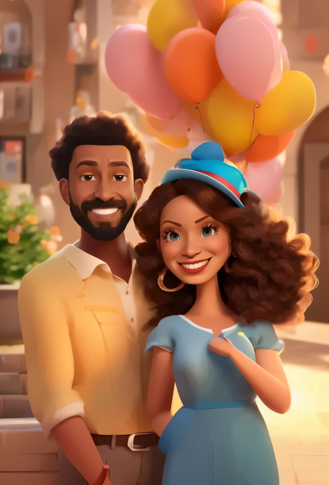 african woman in (blue hat) and dreads and a man standing next to each other with balloons, animated film, in style of disney animation, medium shot of two characters, animation illustrative style, animated still, animated film still, cartoon style illustration, animation film, animated movie, a still of a happy, animation film still, cartoon still, official illustration, animated movie still