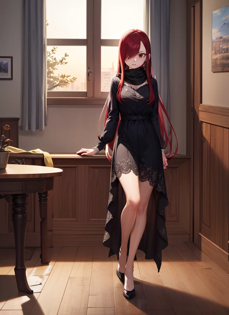 ((best quality)), ((highly detailed)), masterpiece, absurdres, (detailed eyes, deep eyes), (1girl), full body, erza_scarlet, scarlet hair, (very long hair), (brown eyes), tattoo, hair over one eye, scarf, (in an appartment, morning, sunrise) black dress