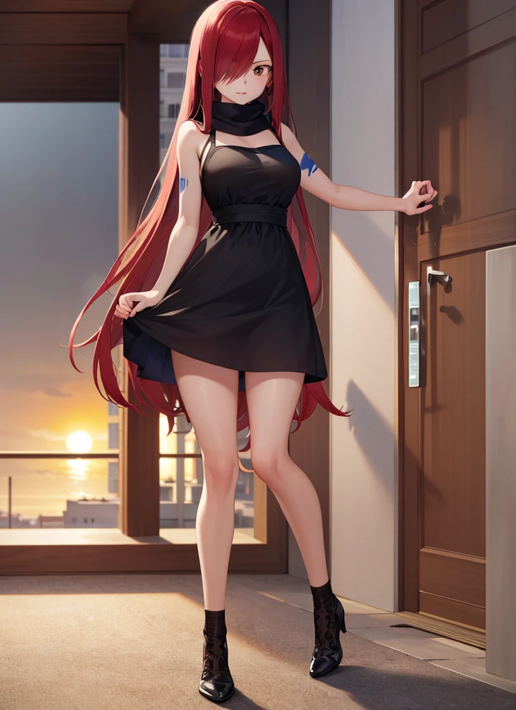 ((best quality)), ((highly detailed)), masterpiece, absurdres, (detailed eyes, deep eyes), (1girl), full body, erza_scarlet, scarlet hair, (very long hair), (brown eyes), tattoo, hair over one eye, scarf, (in an appartment, morning, sunrise) black dress