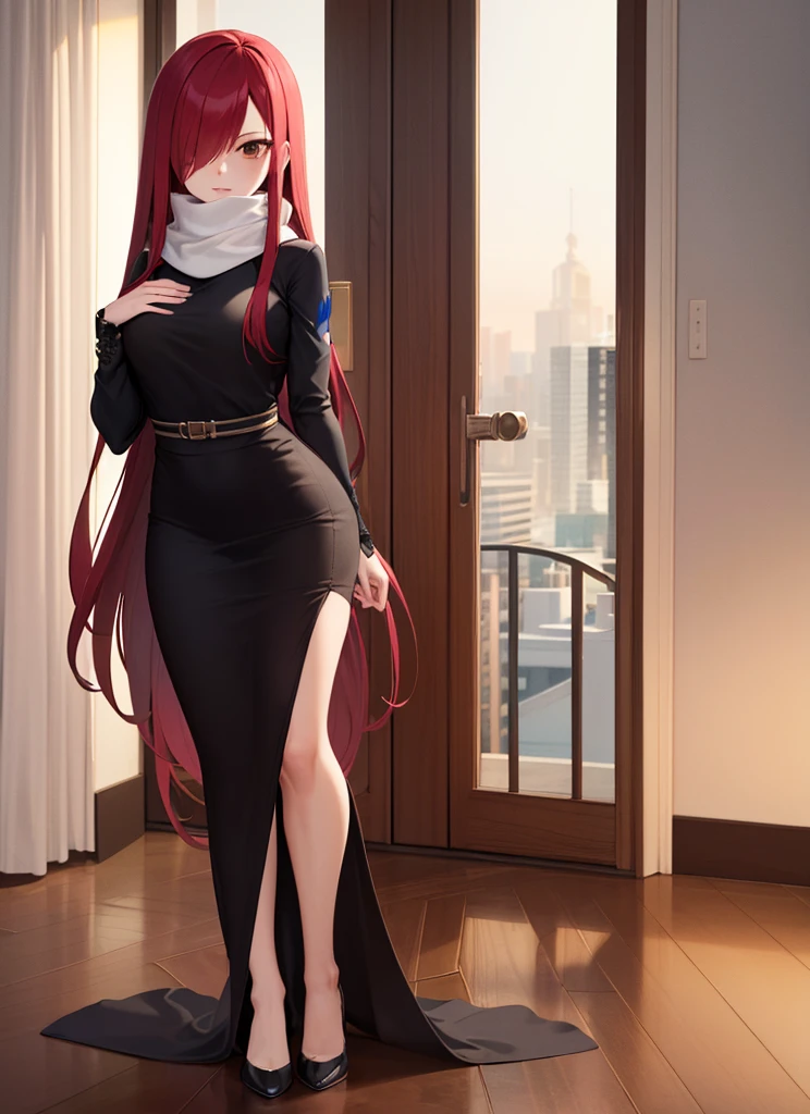 ((best quality)), ((highly detailed)), masterpiece, absurdres, (detailed eyes, deep eyes), (1girl), full body, erza_scarlet, scarlet hair, (very long hair), (brown eyes), tattoo, hair over one eye, scarf, (in an appartment, morning, sunrise) black dress