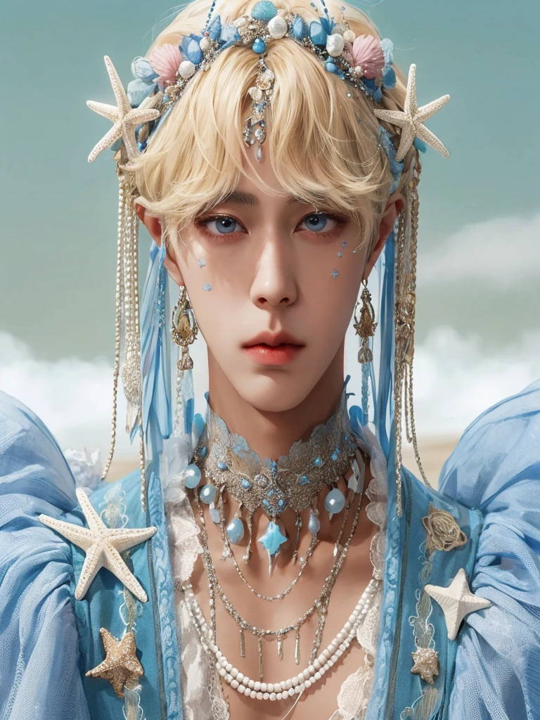 Araffe con un vestido azul y un tocado de estrella de mar en la playa., delicate androgynous prince, kim doyoung, beautiful androgynous prince, cai xukun, yanjun chengt, Jung Jaehyun, Vestimenta de concha marina, inspirado en Bian Shoumin, cosplay adornado, portrait of magical blond prince, pintar ulzzang, bts jin, kpop boy, korean face jin, bts jin, korean male face, kim seokjin