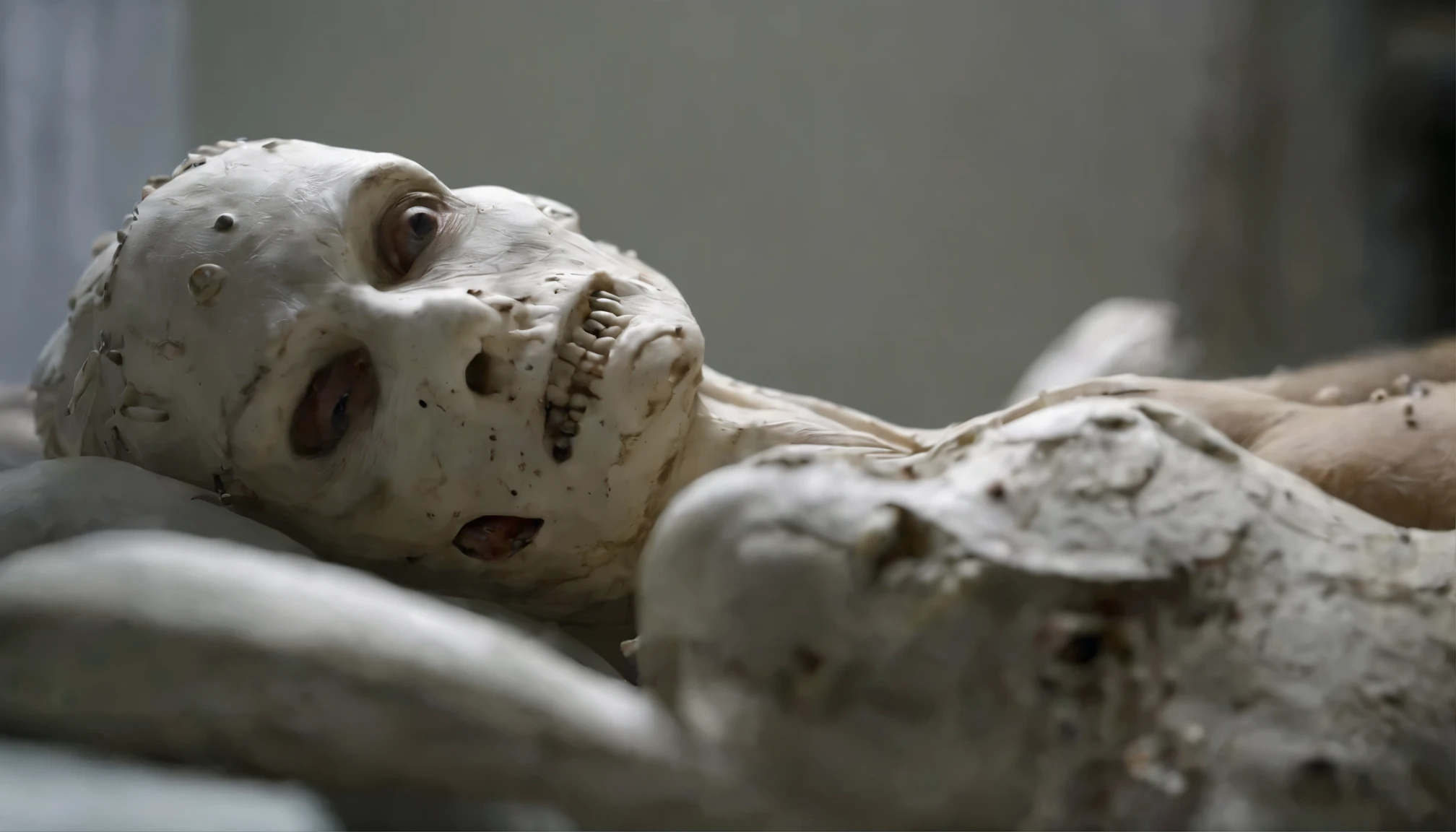 SCP-5172 The Body Harvester, trigger of the Zalmunna Event, from SCP lore, SCP-5172-1 is an individual instance of a humanoid entity approximately 122 cm (48 inches) in height and kg (63 lbs) in weight, has a pale and sickly whitish color skin, its arms are about twice the length of what would normally be expected of a human of these dimensions, It also has pronounced frontal and parietal bones, creating the appearance of an elongated forehead. The subject is also unnaturally short and slender, long arms and stoned dull eyes. Her expression and expression is freaky but intense. a man in a bed is her focus. horror folletin, dead white eyes, dead dry skin, dramatic lighting, photorealistic, 8k --ar 9:16 --s 750