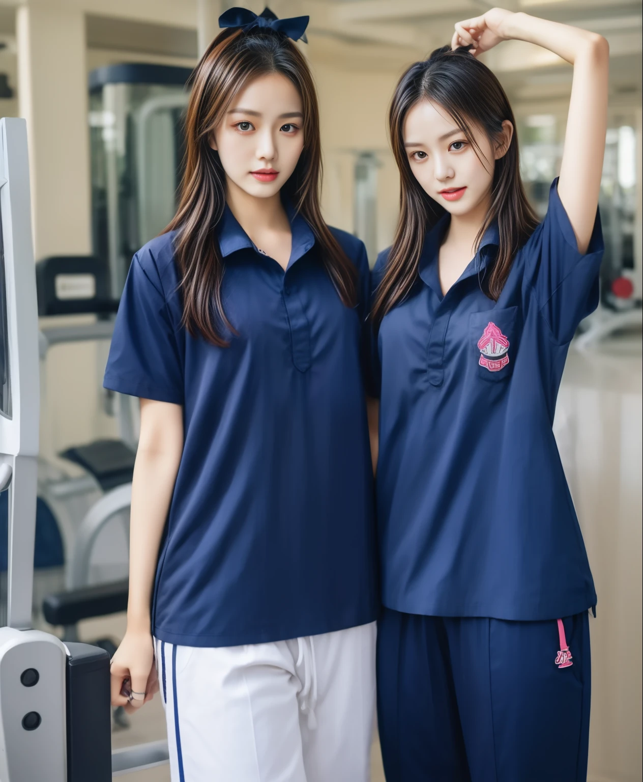 2 girls in fitness center, Navy blue short-sleeved shirt,Navy Long Trackpant,Sweatpants, Sweatpantsขายาว,25 year old girl, lesbian, sexy, exercise clothes, wet body