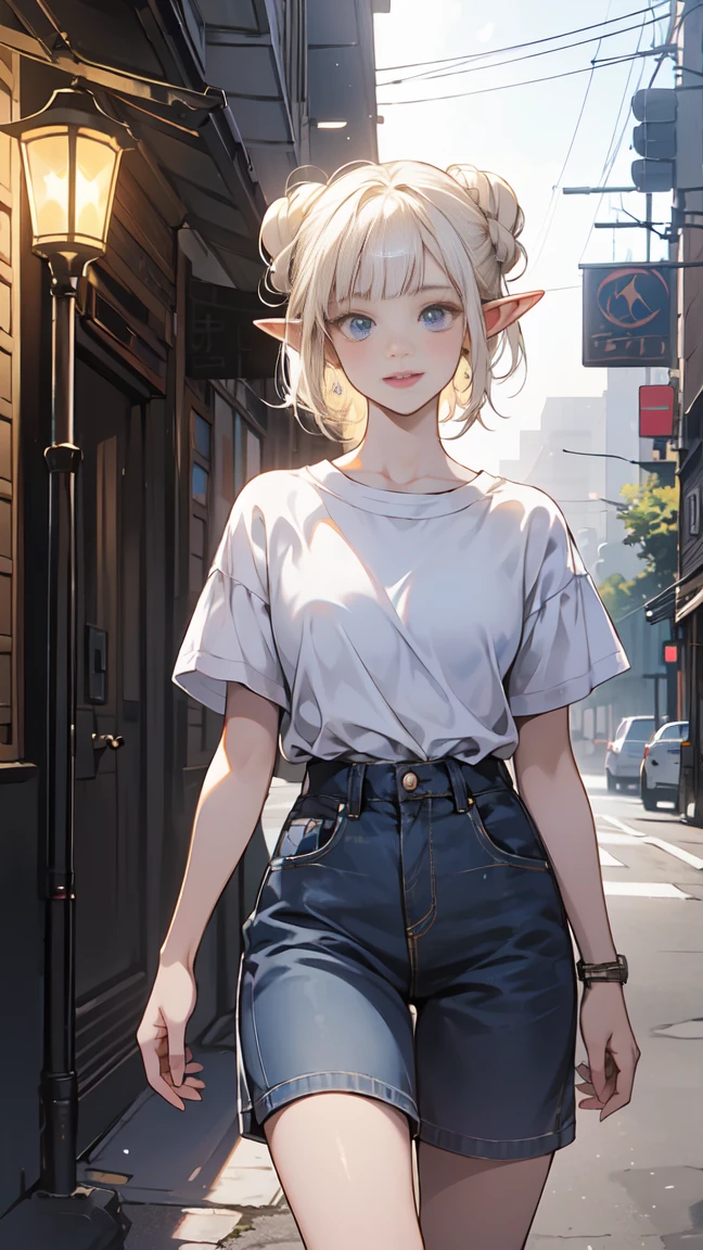 (1 elf girl), (beauty elf girl), (super high quality), masterpiece, casual scene, relaxed atmosphere, She is wearing a trendy tech wear outfit, ((Girly fashion)), With comfortable sneakers, sun'S line gives off warm colors, Street atmosphere, urban envrionment. perfect body, (G cup:1.2), light smile, Fresh, (asymmetrical bangs:1.3), braid bun hair, short hair, highly detailed face and eyes, beautiful eyes,closed mouth, perfect lips, (white blonde hair, deep blue eyes:1.2),cowboy shot, cyber punk, SF, digital art, beautiful, cinematic lighting, by Yusuke Murata.