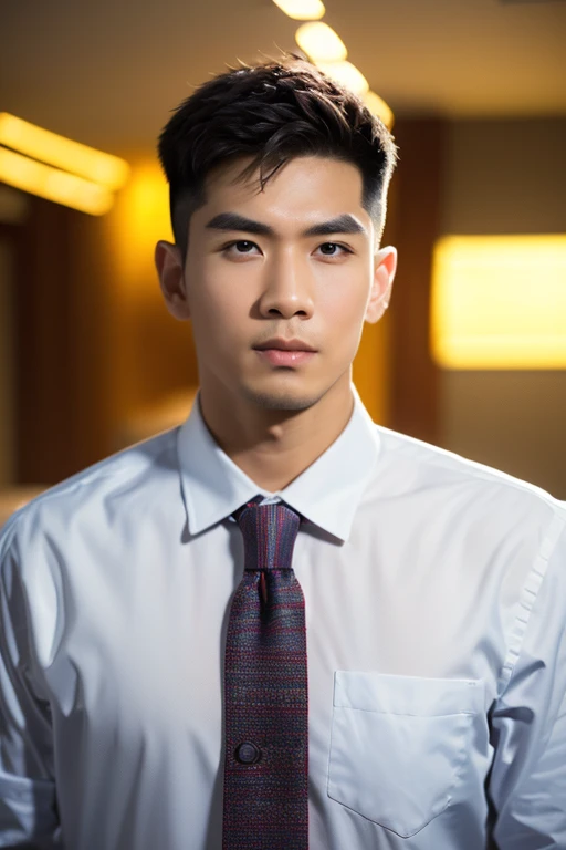 wide angle photography realistic, model Thai man 40 years old, wearing a suit, standing in the office, shot by Nikon-z9, (50mm lens, f/1.4, ISO 100), RAW photo), (photorealistic), (masterpiece), (intricate detailed), (best quality), (professional photography), (realistic:1.5), (soft light), (defuse lighting:0.7), (ambient lighting:0.6), (rim lighting,:1.2), fine textures, (depth of field:1.2), (bokeh:1.2), (face focus), film overlay, film grain,