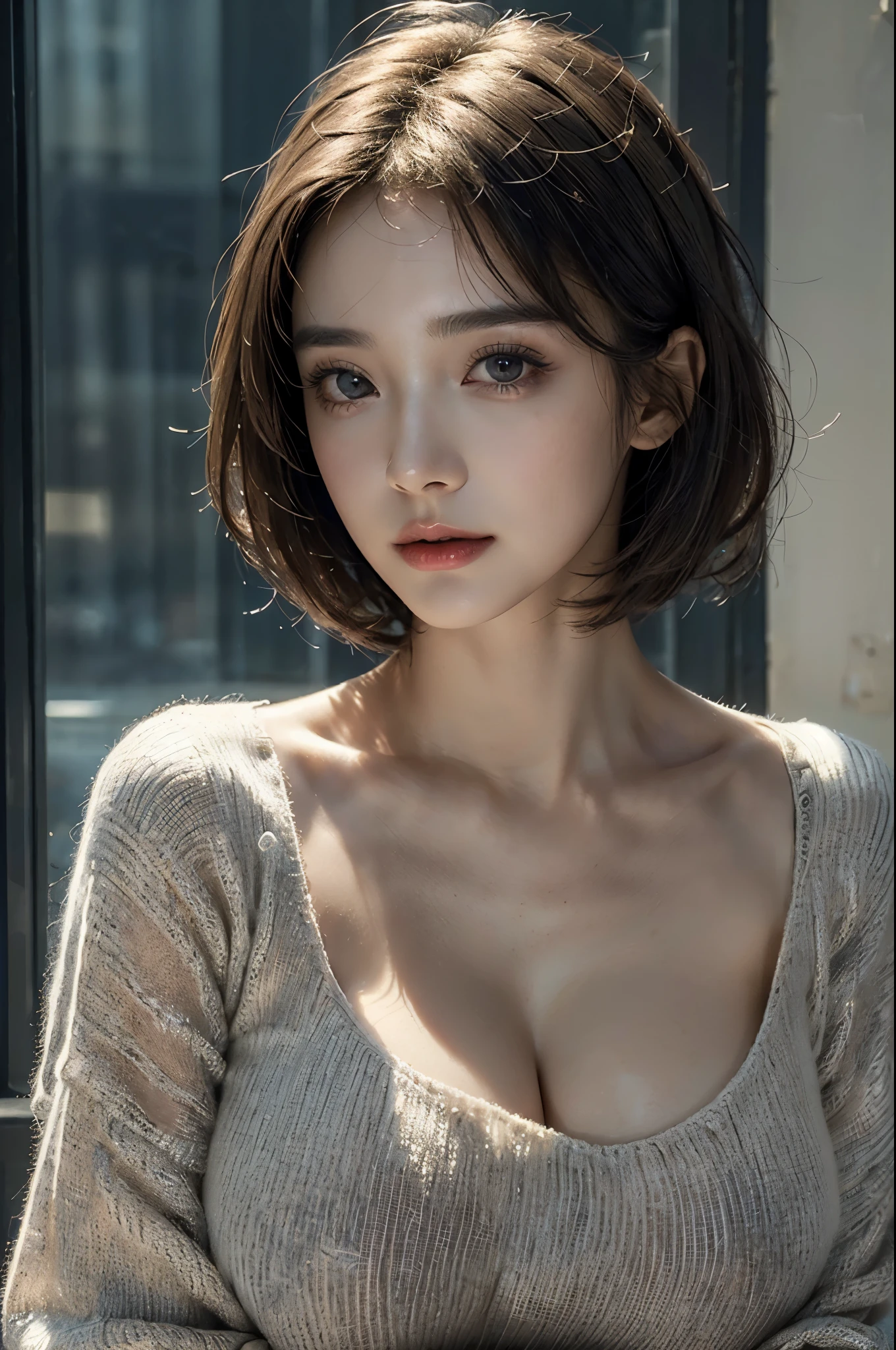 1 lady、40 years、Super detailed face、Detailed lips、delicate eyes、double eyelids, (medium short hair、huge breasts:1.5)、a summer sweater:1.1, ((top quality、8k、Realism, Masterpiece:1.3))