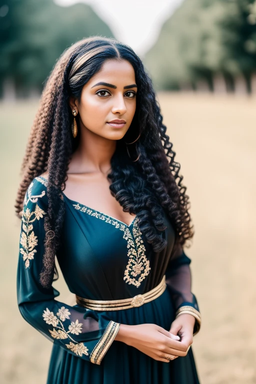 RAW photo, woman 25 years old, There is a Indian woman with sexy looks and look sit in car Waist-length image in the center of the composition, ((long, black, curly hair)), blue eyes, haughty, bitchy, arrogant, gold embroidered early medieval (dark blue dress) with long, wide, spacious straight sleeves, in a medieval castle, blurred background, 8K UHD hiquality, Film grain, Fujifilm XT3
