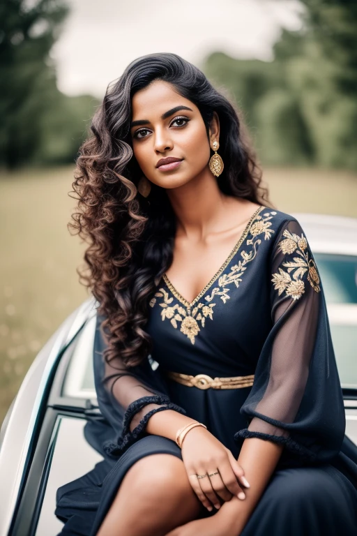 RAW photo, woman 25 years old, There is a Indian woman with sexy looks and look sit in car   Waist-length image in the center of the composition, ((long, black, curly hair)), blue eyes, haughty, bitchy, arrogant, gold embroidered early medieval (dark blue dress) with long, wide, spacious straight sleeves, in a medieval castle, blurred background, 8K UHD hiquality, Film grain, Fujifilm XT3  