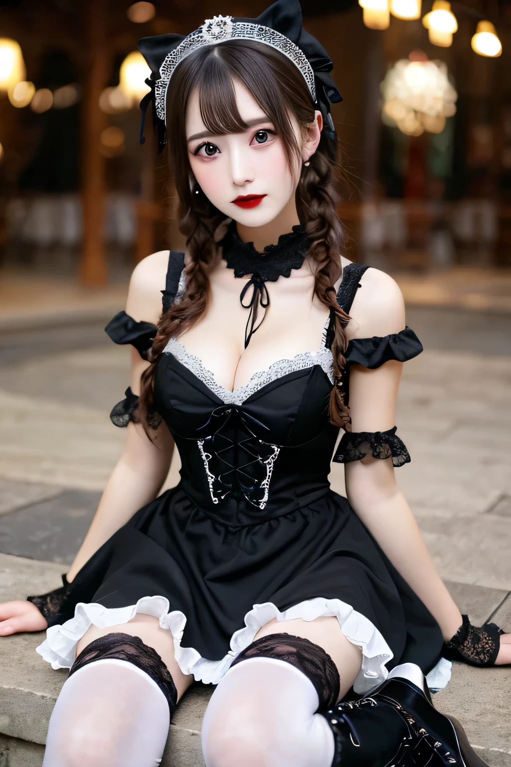 (8K、RAW photo、highest quality、masterpiece:1.2)、detailed background、beautiful and detailed face、beautiful and smooth skin、skin texture、professional lighting、Beautiful teenage girl、sexual expression、Cute Ponytail、(big breasts:1.3)、
Choice of dress or skirt、Gothic Lolita styleで、Mainly dresses and skirts decorated with frills and lace。black or purple、Choose a dark color such as red、Emphasizes the gothic atmosphere。
lace and ruffle accents、For dresses and skirts、Lace and frills are often used。sleeve or skirt hem、By adding lace to the neckline etc..、You can combine cuteness and gothic elements.。
A selection of classic accessories、Gothic Lolita styleで、Classic accessories are key。for example、lace gloves and ribbon、crown-shaped headdress、If you incorporate cross accessories etc..、You can further enhance the gothic atmosphere.。
Selection of socks and tights、Gothic Lolita styleで、Socks and tights are also important items..。To create a contrast with a skirt or dress、It is best to choose black lace socks or fishnet stockings..。
Shoe selection、Gothic Lolita style、bootsやメリーゴーランドシューズとの相性も抜群です。boots、Items decorated with lace, ribbons, etc.、If you choose a thick sole、Can give a more gothic impression。
Makeup and hairstyle、Gothic Lolita style makeup、It is common to wear dark eyeliner and lipstick on fair skin..。As for the hairstyle、I like soft curls or buns.。