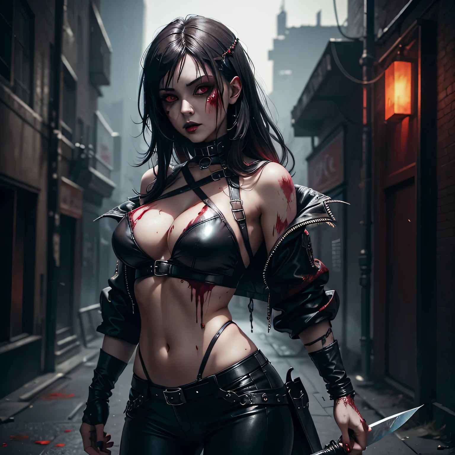 1girl, heavy goth makeup, fantasy character, cyberpunk horror, dark fantasy, navel, gothic mage, dark red eyes, bloody eyes, wounded, dripping blood, bloody knife, bloody leather top, leather pants, sensual