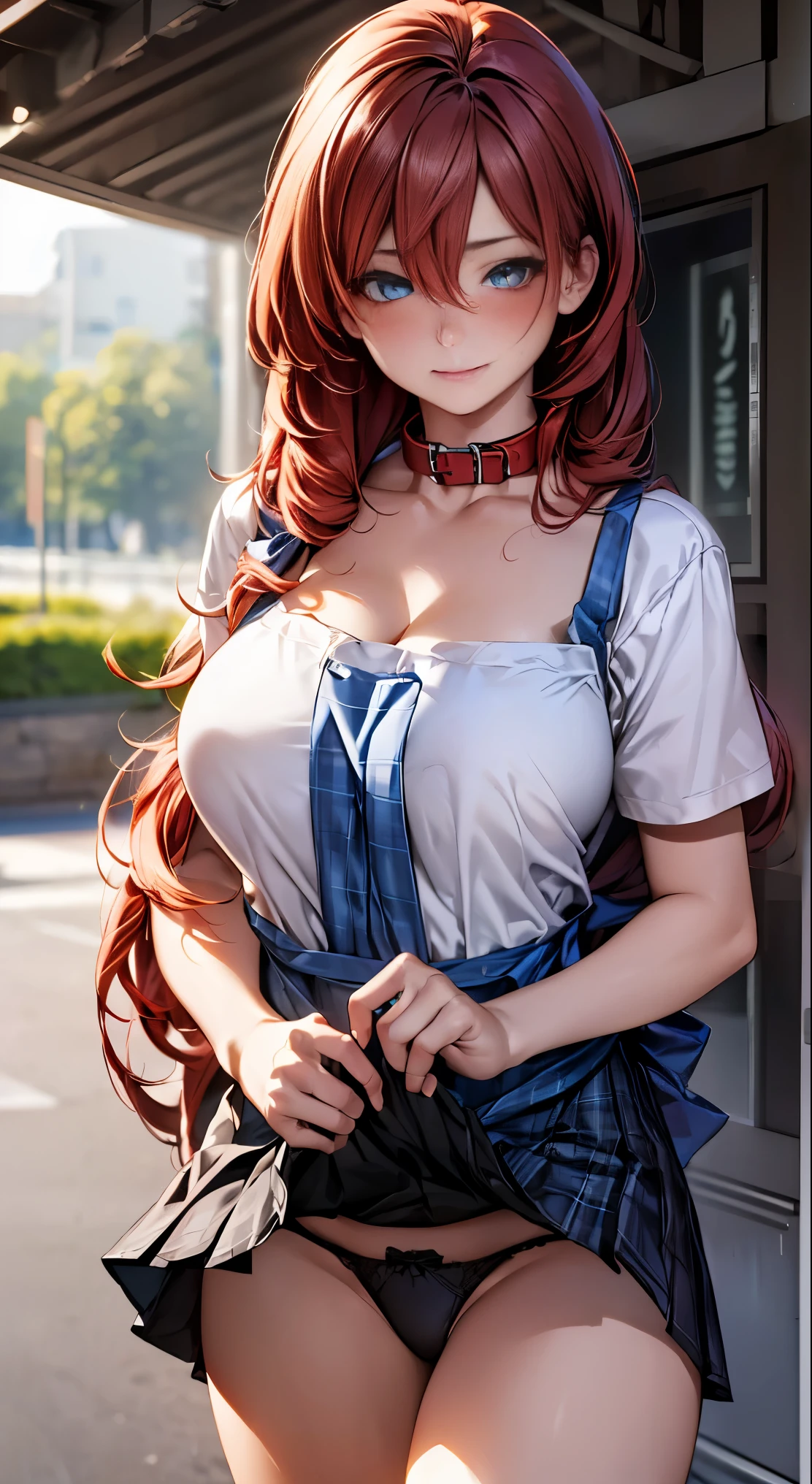 (masterpiece:1.2, highest quality), (realistic, photorealistic:1.4), beautiful illustrations,
looking at the viewer, whole body, Front view:0.6,
1 female, Japanese, ((Red hair long hair:1.5, horizontal french twist hair:1.4)), blown hair, bangs, hair between eyes, big breasts:0.8,
beautiful hair, beautiful face, beautiful and detailed eyes, (blue eyes:1.3), beautiful clavicle, beautiful body, beautiful breasts, beautiful thighs, beautiful feet, beautiful fingers,
(beautiful scenery), (Inside the convenience store),
((Short sleeve shirt with collar, (Black apron) , Green Plaid Pleated Skirt)), white panties,
(Are standing, lift the skirt, Grab the hem of the skirt, put your hand on your chest, hand between legs),
(glare at the viewer while blushing:1.3)