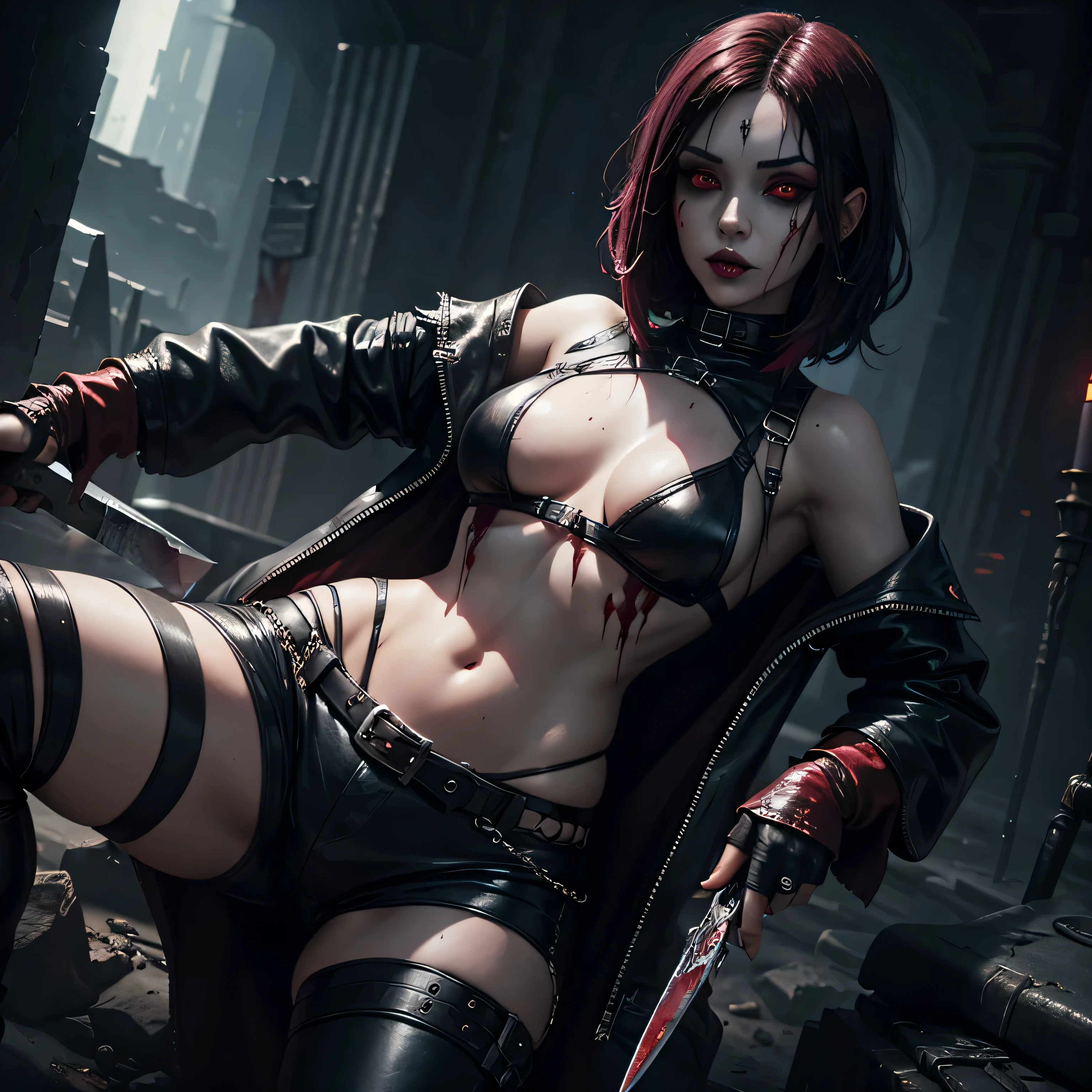 1girl, heavy goth makeup, fantasy character, cyberpunk horror, dark fantasy, navel, gothic mage, dark red eyes, bloody eyes, wounded, dripping blood, bloody knife, bloody leather top, leather pants, sensual