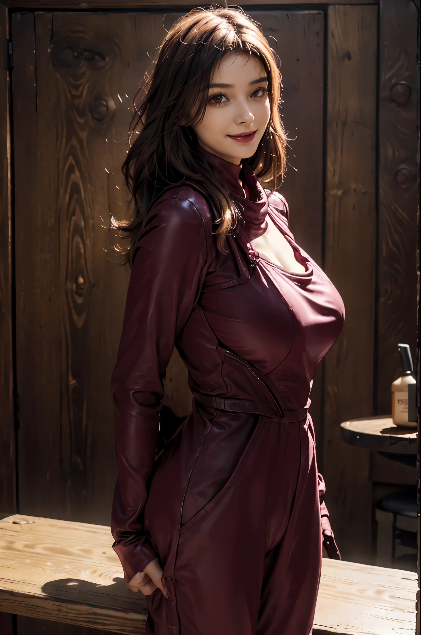 best quality, on the table, ultra high resolution, lifelike, cowboy shooting、1 lady、(charming figure)、(Big breasts:1.2), huge butt, (Matte rubber burgundy jumpsuit covers the whole body:1.4), (navel), beautiful face, 40 years、Smile、obscenity、Dosuke Division、background with:Hidden western style room(huge breasts)