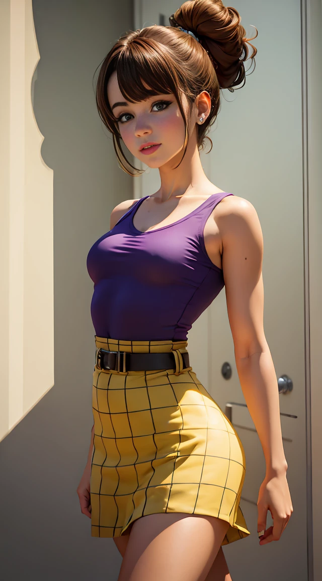 1 chica, Solo, Short light brown hair , pecas en mejillas y  nariz , aretes en forma de clip , ojos azules ,corte de cabello pixie, wears a purple t-shirt with a skull image , white belt , Lilac skirt with checkered images , Long boots with heels , linda sonrisa 
, maquillaje , labios rojos,  Luz perfecta, 8k, obra maestra:1.2, ultra detallado, Realista:1.37, Full HD