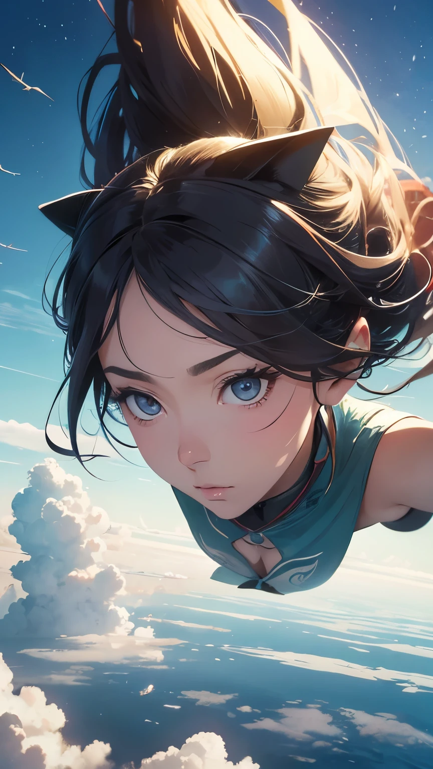 Emiliano Ponzi, Rafał Olbiński, Mysterious Surreal Fantastic Fantasy Sci-fi, Japanese Anime, A human-powered airplane on paper that flies over the Chomolangma, A sea of clouds, A beautiful girl, perfect voluminous body, solo girl, detailed masterpiece hyper realistic sharp focus