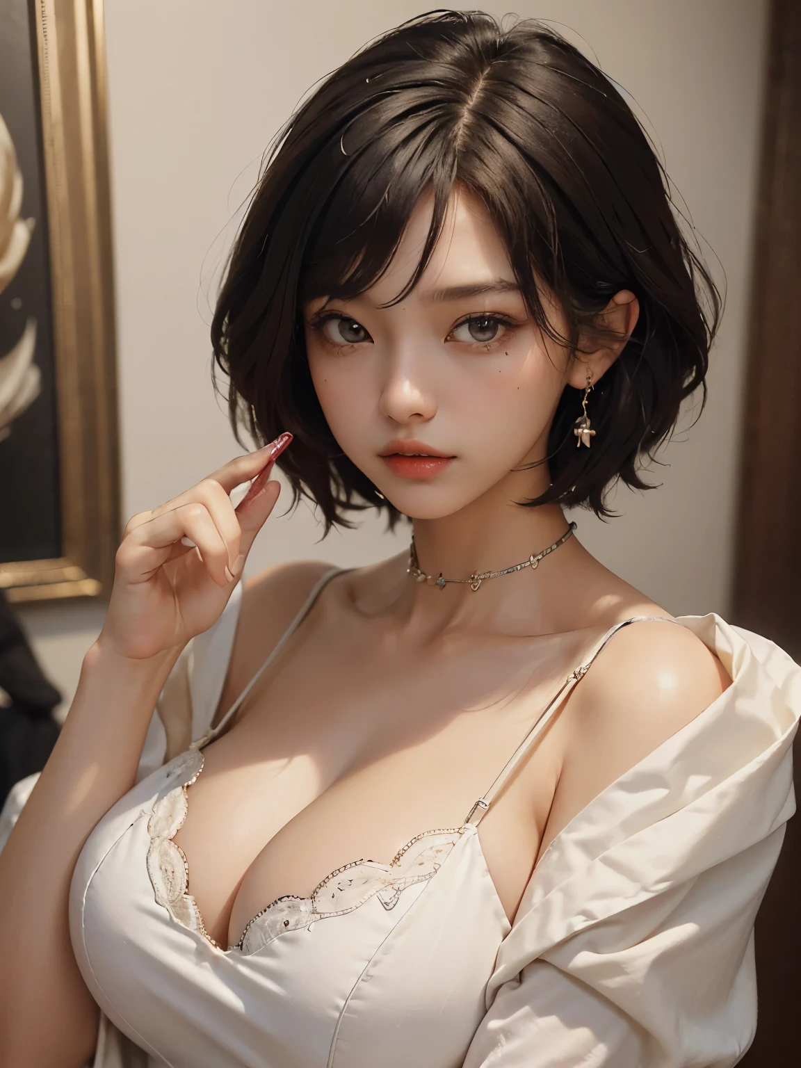 ((Software: 1.5,Masterpiece: 1.4, Highest quality: 1.6, Pieces fly: 1.2, Highest level: 1.3, Best image quality: 1.5)), Magazine cover, (1 Asian Woman: 1.3), Boyish 20-year-old woman, (Beautiful brown bob cut hair: 1.2, Intense black eyes: 1.4, Strong eye highlights: 1.3), (Very big breasts: 1.2, Lip gloss: 1.2), (Cute: 1.2, High detail skin: 1.2), Perfect an
