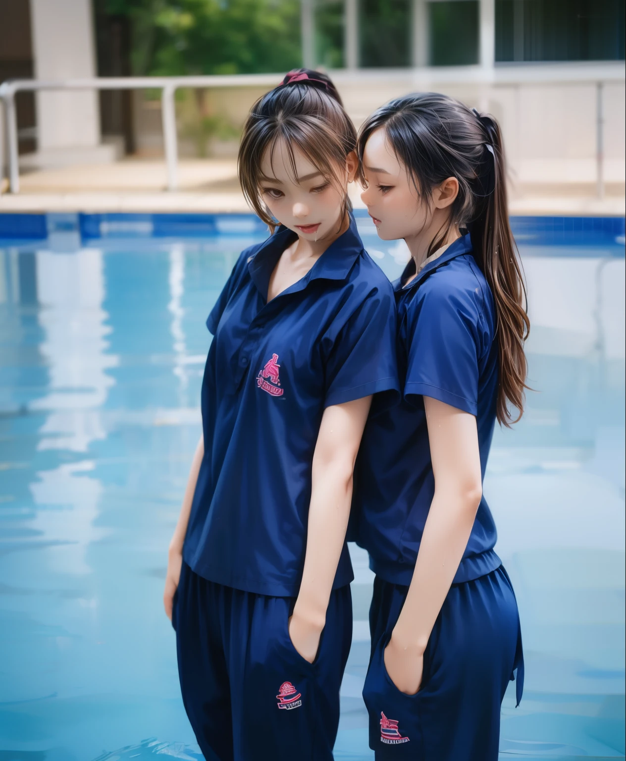 2 girls in the swimming pool, Navy blue short-sleeved shirt,Navy Long Trackpant,Sweatpants, Sweatpantsขายาว,25 year old girl, lesbian, ????, exercise clothes, wet body, ???????????