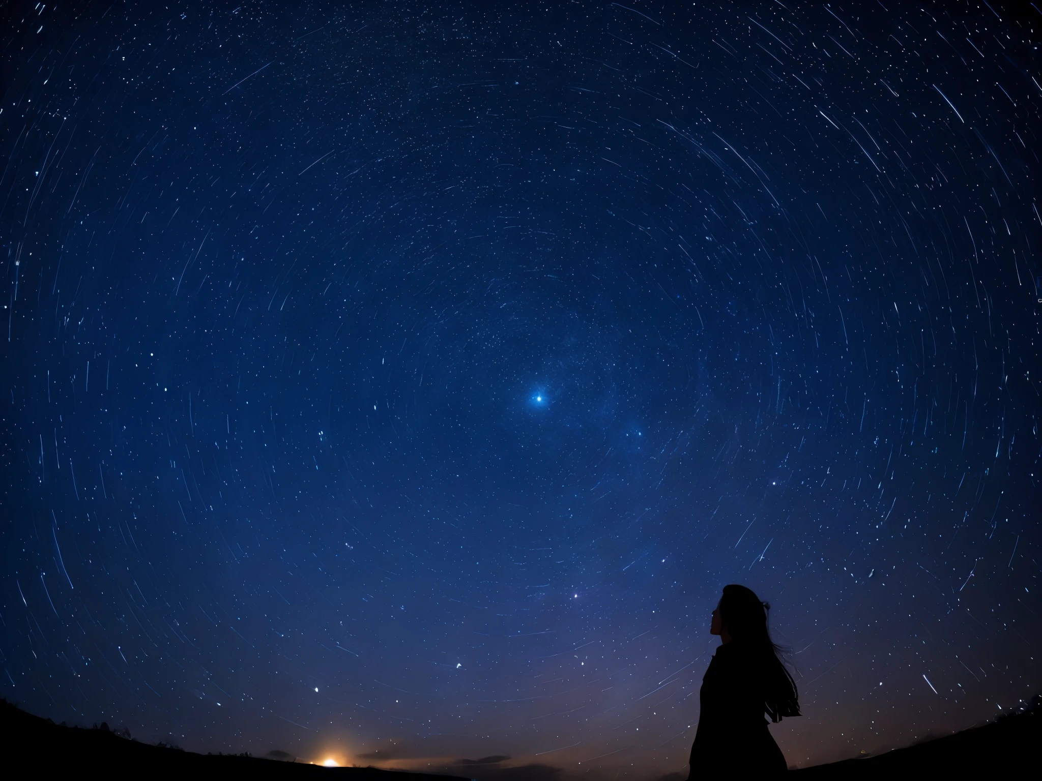 Rotating starry sky, shooting stars, girl looking up at the sky, North Star, star trails with 1 hour exposure