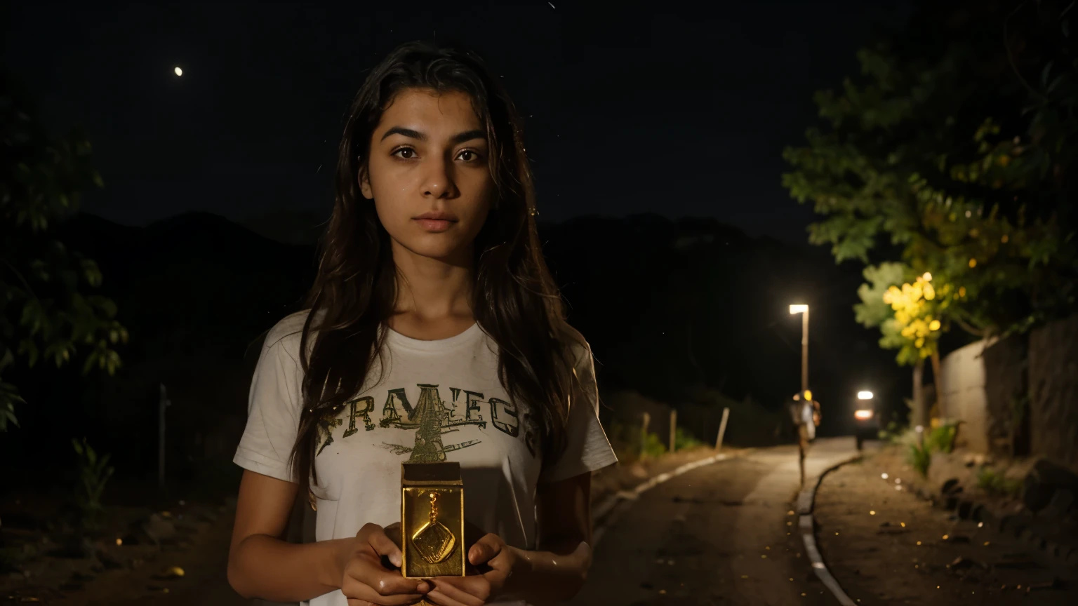 A filha do moleiro, com roupas de trabalho, with a box in his hand with gold inside, looking closely at the box and with big stone placed in the middle of the dirt road at night (que atrapalhava o caminho) atras dela, representing heightened perception in the face of danger. Ele retirou a pedra