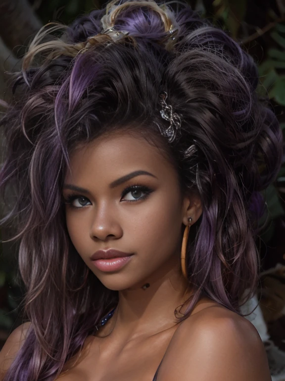 A beautiful black woman, 25 years old, purple afro Chanel style hair, blue eyes, smiling
