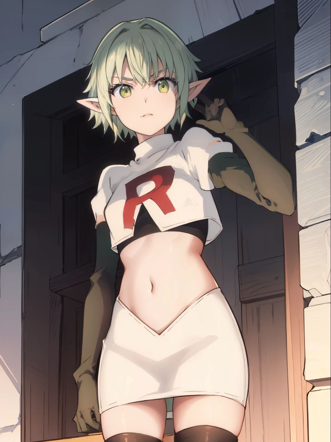 best quality, (masterpiece:1.2), detailed,
1girl, solo, pointy ears,
green hair, green eyes, short hair, short hair with long locks, 
team rocket,team rocket uniform, red letter R, white skirt,white crop top,black thigh-highs,black elbow gloves