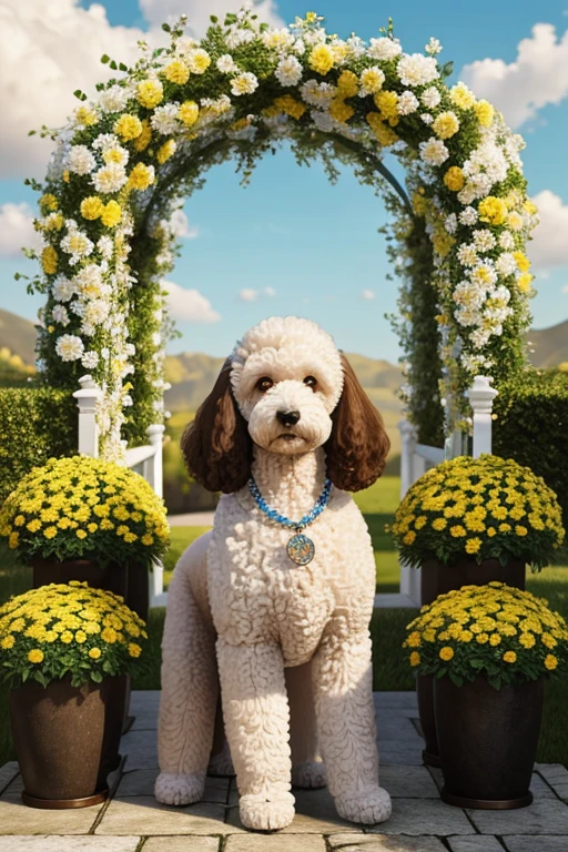 Large or small Poodle dog looking at the viewer coat color white or yellow or colored, the Poodle is at the center of an arch decorated with gaps and flowers of various colors and species, composing a realistic image of fantasy, mysteries and magical charms.