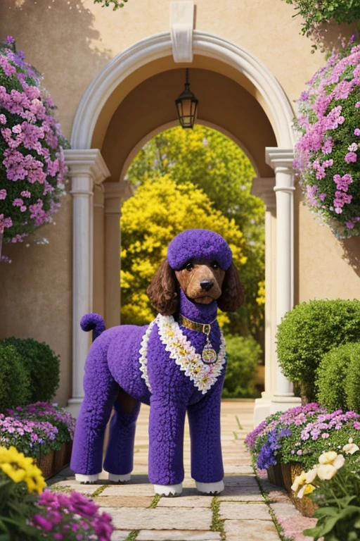 Large or small Poodle dog looking at the viewer coat color white or yellow or colored, the Poodle is at the center of an arch decorated with gaps and flowers of various colors and species, composing a realistic image of fantasy, mysteries and magical charms.
