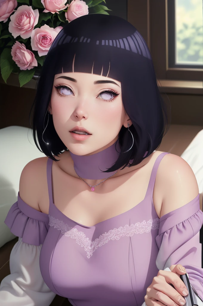 (masterpiece) (huge titusty, masterpiece, absurdres, hinata\(boruto\), 1girl, solo,mature female, off-shoulder bra, high waist short skirt, looking at viewelling petals), perfect composition, detailed lips, big breast, beautiful face, body propotion, blush, (pink lips), short hair, purple eyes, soft gaze, super realistic, detailed, photoshoot, realistic face and body, dancing lightly, lilac eyes, full body, lace clothes, with large hoop earrings