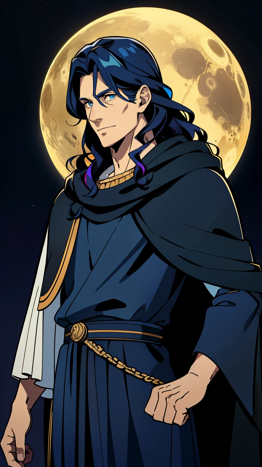 (high-quality, breathtaking),(expressive eyes, perfect face) 1male, male, solo, adult, medium length hair, black and blue streaked hair, multicolored hair, blue hair streaks, glowing hair, light blue strands in hair, unkept hair, black blue eyes, positive expression, soft smile, cloak, shirt, fantasy mage clothing, adventurers attire, Pluto Moon, Roman God of Underworld, space background, portrait, upper body, magic, elegant, stylized hairstyle, gorgeous flowy curly hair, father vibe, age 50's, Greek Clothing, Nyx