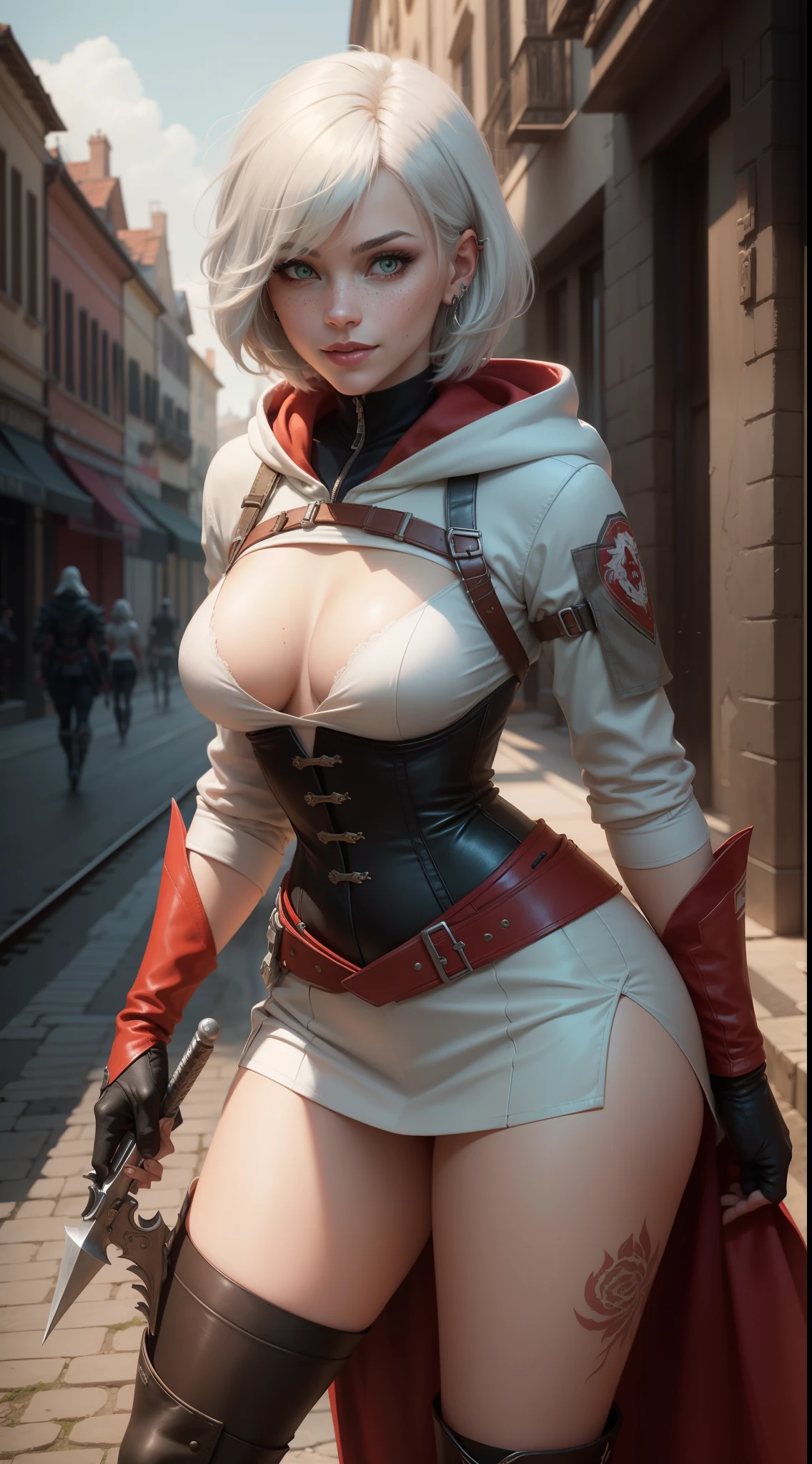 gwen tennyson,yorha 2b,tracer,y'shtola rhul,overwatch,assassin's creed,close up, Rome,roman river,tattoos,white and red plugsuit,white short sleeve roman top,white and red long assassin hoodie,roman armor, long assassin skirt,harness corset,long dress train,short hair,punk makeup,green eyes,multicolored silver hair, military gloves,sexy smile,freckles,beautiful girl,knee high boots,large breasts,8k,ultra detailed,realistic,fantasy art,assassin uniform,hair pin,ear piercings,(weather:windy),1girl,holding assassin daggers,