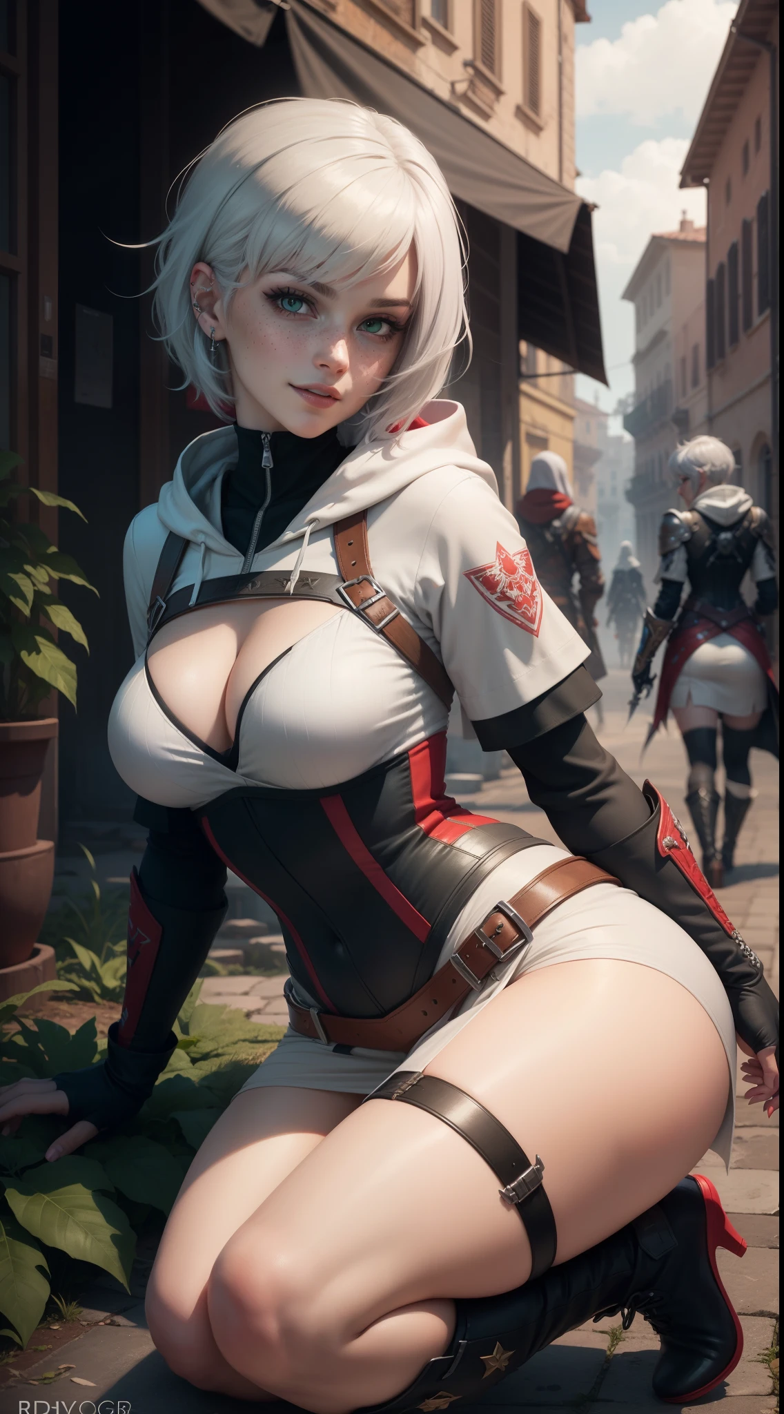 gwen tennyson,yorha 2b,tracer,y'shtola rhul,overwatch,assassin's creed,close up, Rome,roman river,tattoos,white and red plugsuit,white short sleeve roman top,white and red long assassin hoodie,roman armor, long assassin skirt,harness corset,long dress train,short hair,punk makeup,green eyes,multicolored silver hair, military gloves,sexy smile,freckles,beautiful girl,knee high boots,large breasts,8k,ultra detailed,realistic,fantasy art,assassin uniform,hair pin,ear piercings,(weather:windy),1girl,holding assassin daggers,