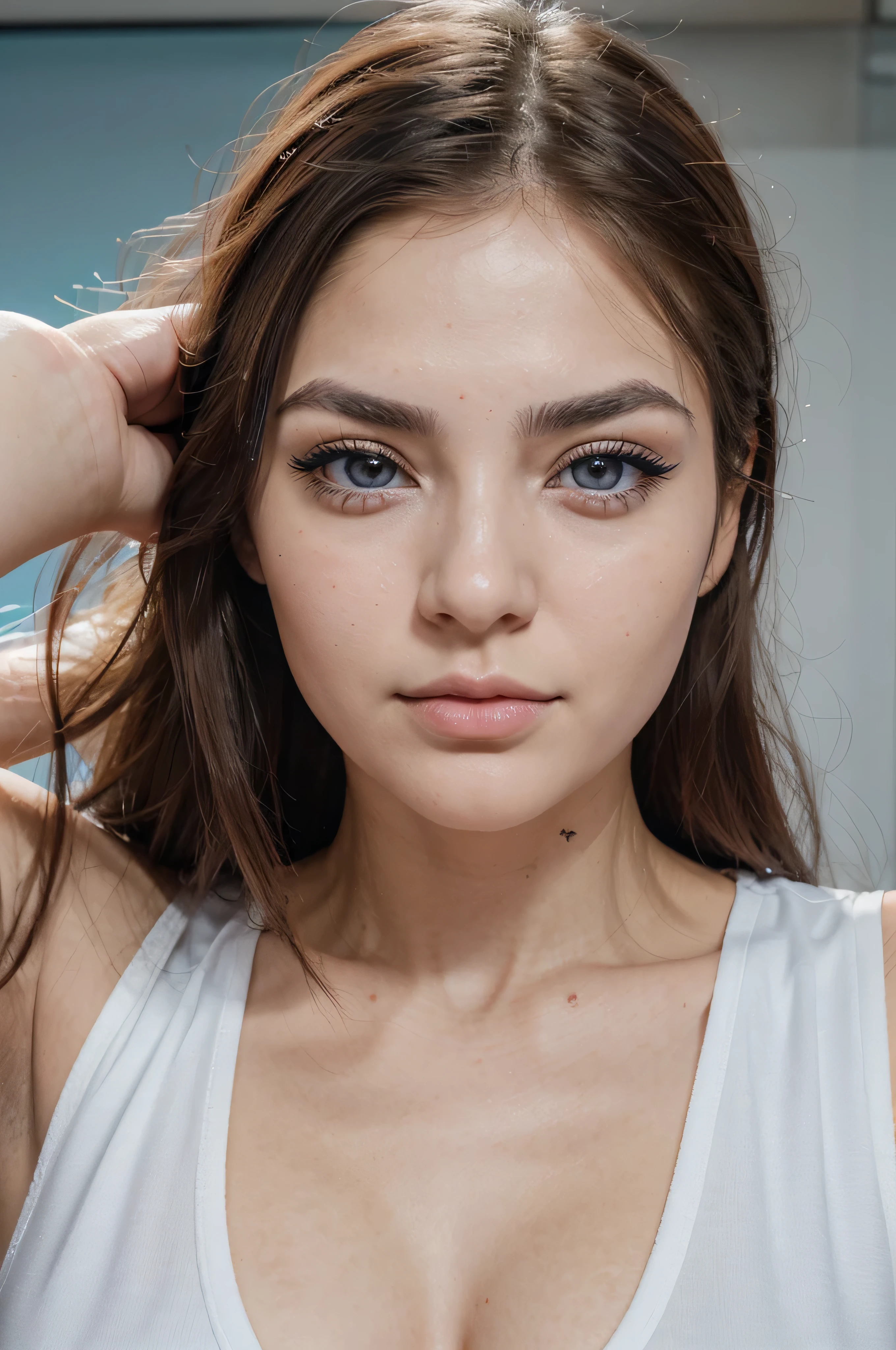 Imagen facial de una chica realista, con cara hermosa como de anime, nariz griega, ojos almendrados de color azul, mouth with elliptical lips, cejas no muy juntas y con curvatura, spider eyelashes, cabello liso de color rubio claro amarillento, piel blanca
