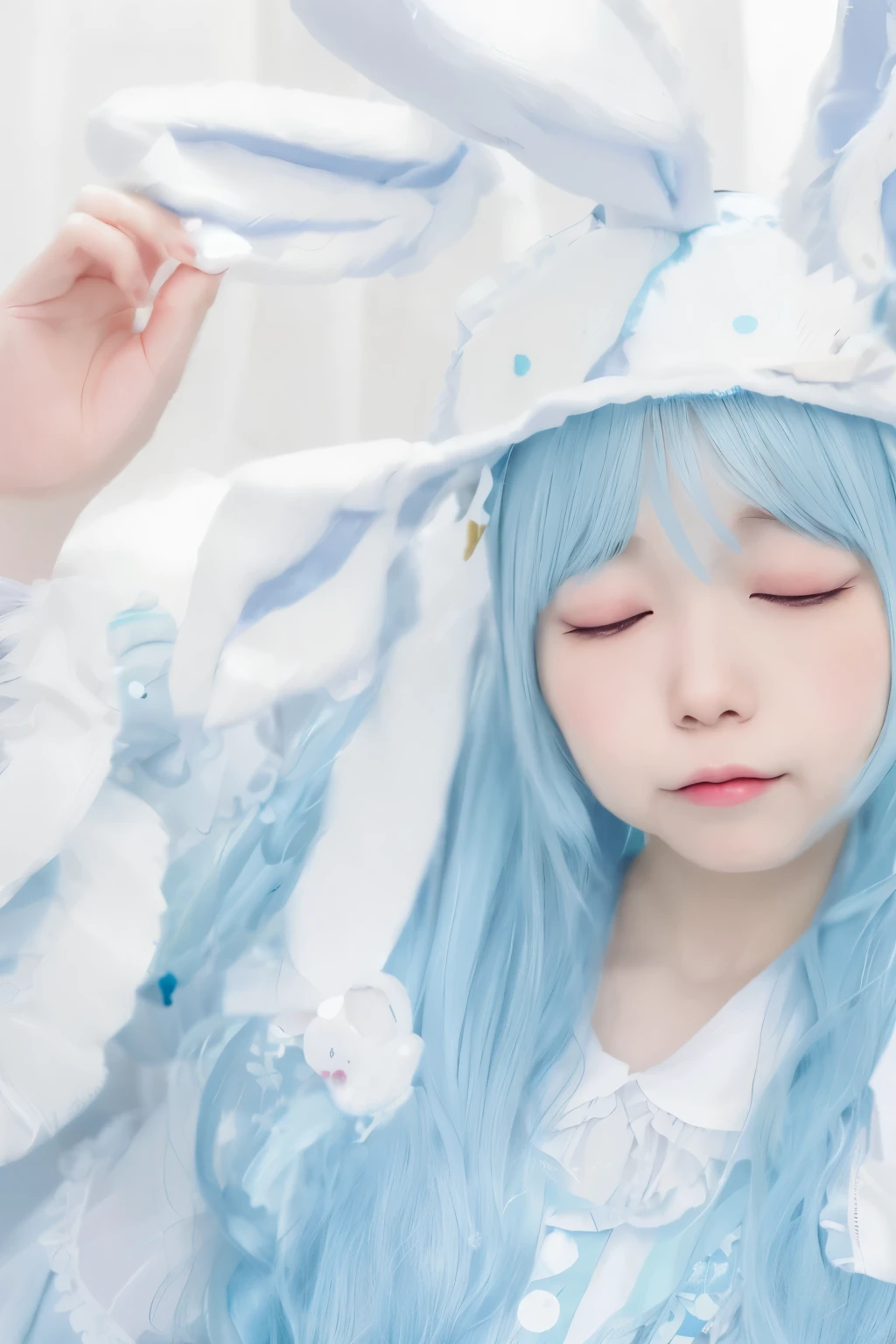 8k，Beautifully，Surreal， Hatsune Miku HDR high quality picture, Wearing a blue and white bunny costume、With floppy rabbit ears,Beautiful hand holding hat ears（Fingers are clear and delicate）， Long hair covers big breasts，Alafid girl with eyes closed,Detailed face, fine hair, pretty face, Simple posture, very long hair, ((Random hairstyle:1 )) , anime eyes, light skin , Carefully crafted hair accessories , beautiful background, 