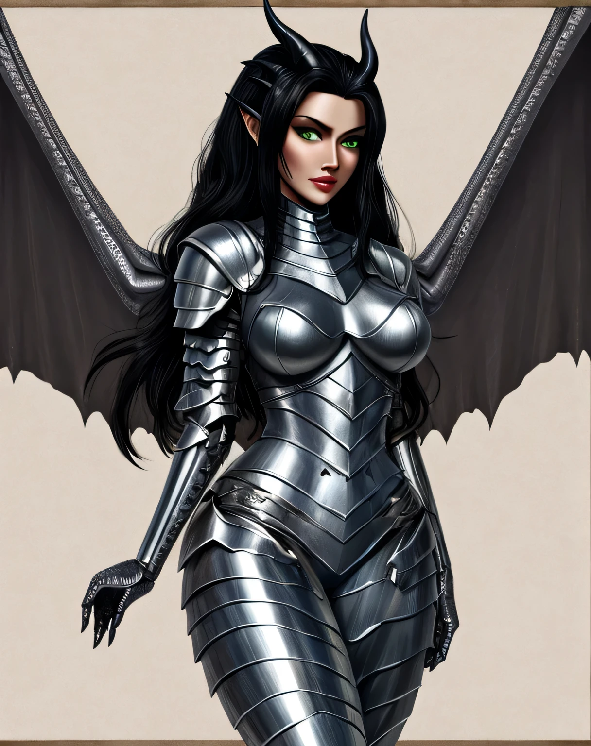 Black Hair Long, platinum Wings, humanoid face, She has platinum scales covering parts of her body. She wears full plate armor has that has molded it's self to her body and even matches the pattern of her scales and seems to frame the feminine features of her torso, especially accentuating her pert D cup bust. Her extremely long ebony black wavy locks and falls to bellow her lower back. They have green eyes. They are four foot eight inches tall, 4'8" tall, (body curvy), extremely long black hair, dragon girl, silver dragon scales, wearing form fitting full plate armor,